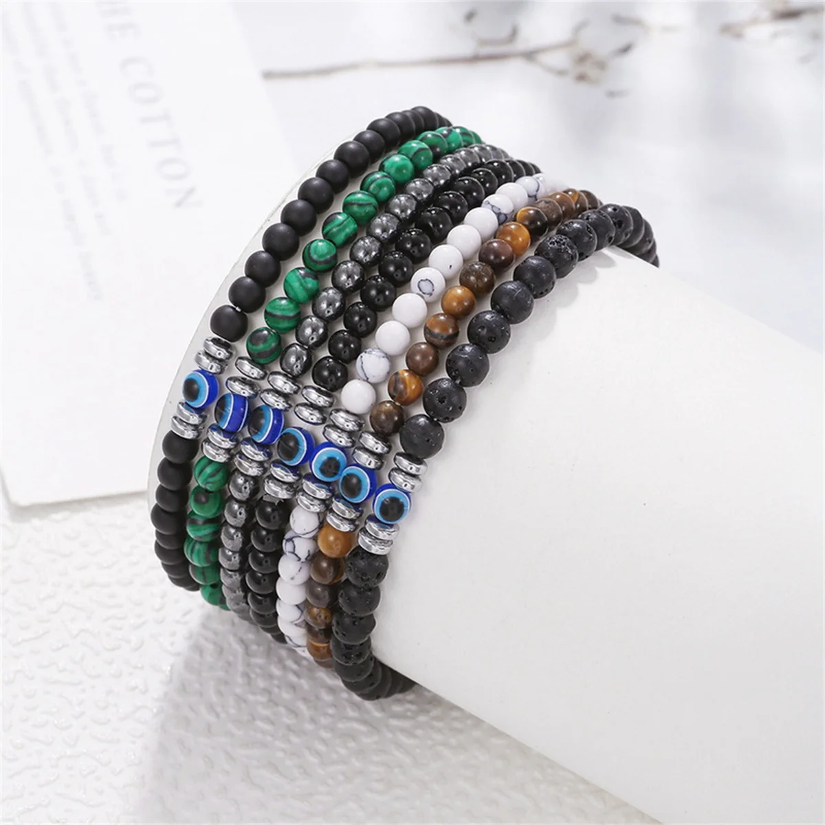 Men's 4mm Natural Lava Stone Tiger Eye Beads Bracelet Turkish Blue Evil Eye Bracelet Prayer Yoga Bangles Jewelry Pulsera Hombre
