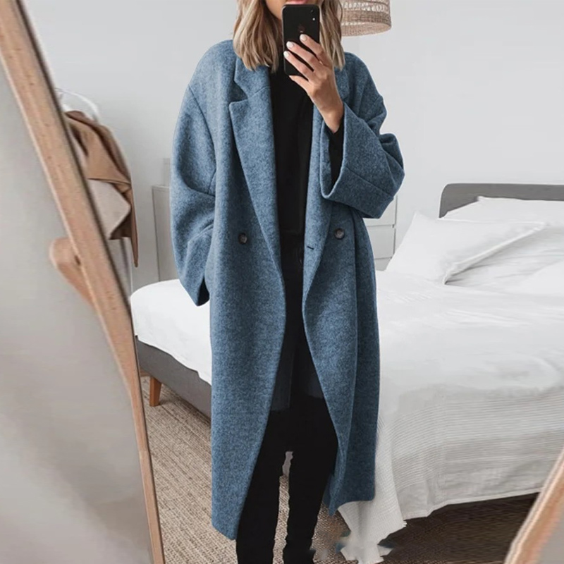 Simple Casual Turn-down Collar Long Coat Women Double Breasted Autumn Jacket Cardigan Winter Long Sleeve Woolen Trench Outerwear