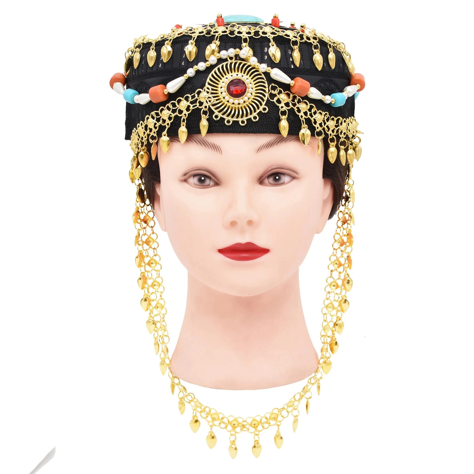 Traditional Kurdish Tibet Ethnic Hat Hair Accessories Golden Drop Coins Tassel Long Chain Gem Pearl Beads Statemet Hair Jewelry 240516