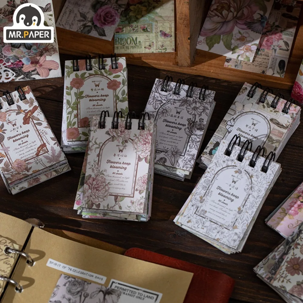 Mr. Paper Vintage Floral Coils Washi Paper Stickers Book Hand Account Background Material Stickers Stationery 50pcs/book