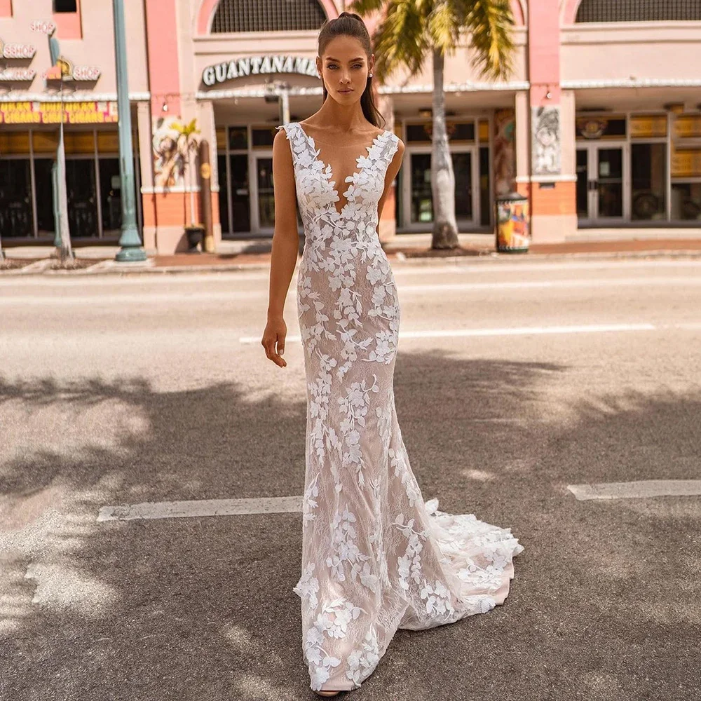 Elegant Lace Wedding Dresses for Women 2024 Bride Backless V Neck Mermaid Wedding Gowns Nude Ivory Applique Trumpet Bridal Dress