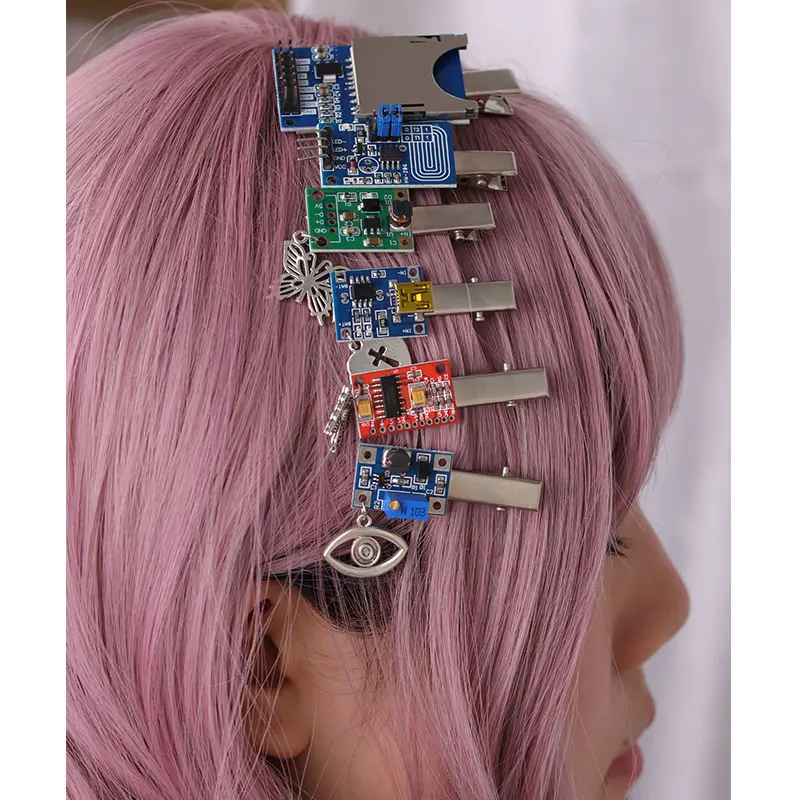 Gothic Cyberpunk Circuit Board Hairpin Eye Heart Butterfly Pendant Side Clip for Women Cool Girl Punk Trendy Y2K Jewelry HUANZHI
