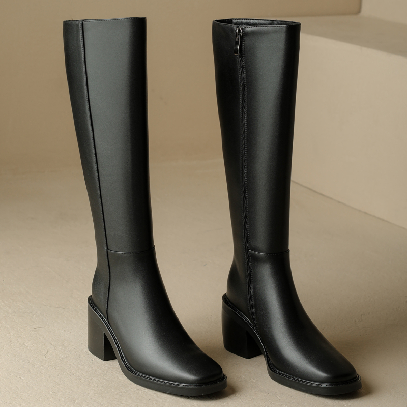 Leather Genuine Tall Women Thick Heels Knee High Boots Autumn Winter Warm Ladies Long Shoes Black Elegant Designer 1c4b