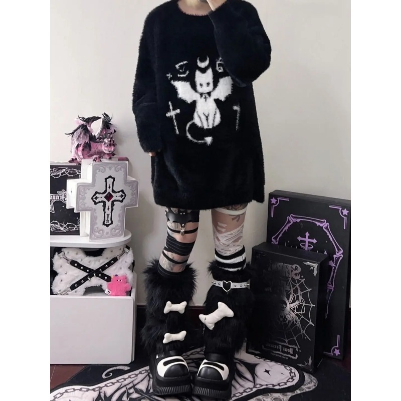 Devil Black Crewneck Sweater Cat Winter 2023 Y2k Clothes Sweater Women New Loose Knit Top Outfit Korean Casual Jumpers