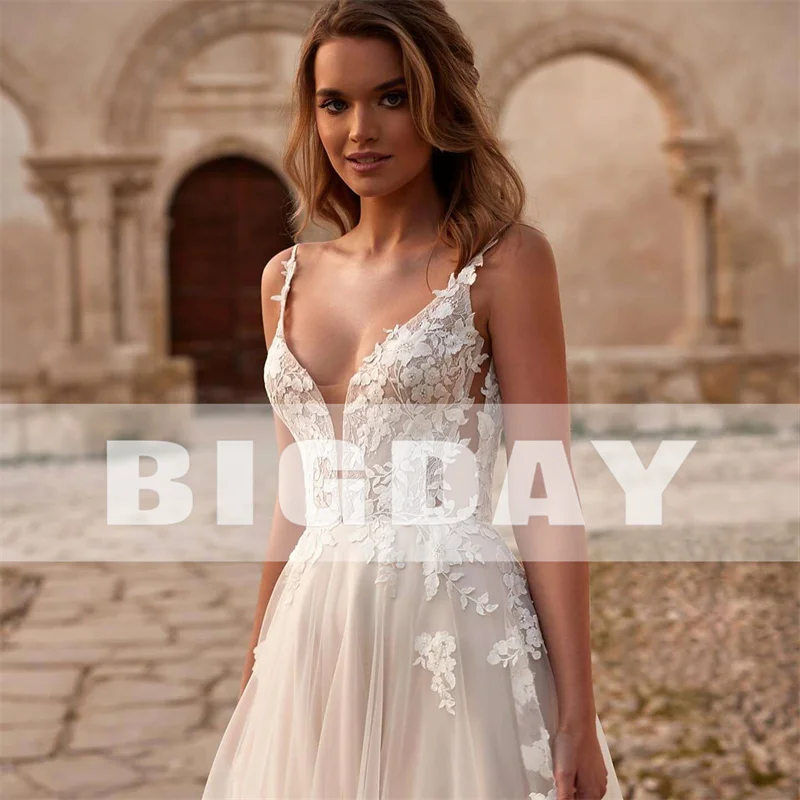 Elegant A-Line Wedding Dresses Women 2024 Lace V-Neck Open Back Spaghetti Straps Tulle Bridal Gown Sweep Train Vestidos De Noiva