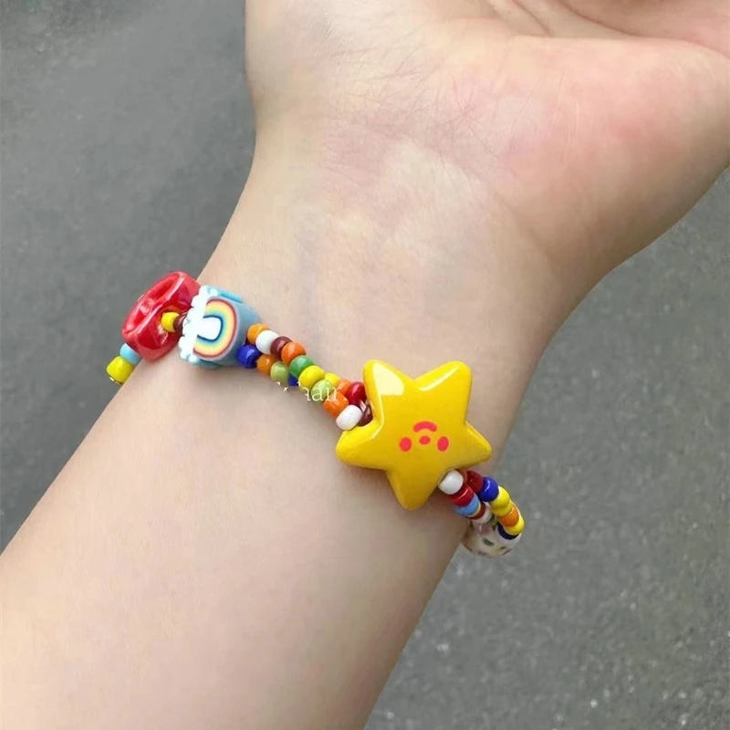 Dopamine Colorful Love Enamel Bracelets New Design Cute Heart Candy Color Bracelets Sweet Rainbow Star Elastic Rope Bracelets