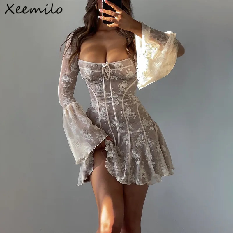 Xeemilo Elegant Print Women Dress Autumn Square-neck long Sleeve Lace Up Mini Dresses Aesthetic Backless Loose Party Club Dress 240518