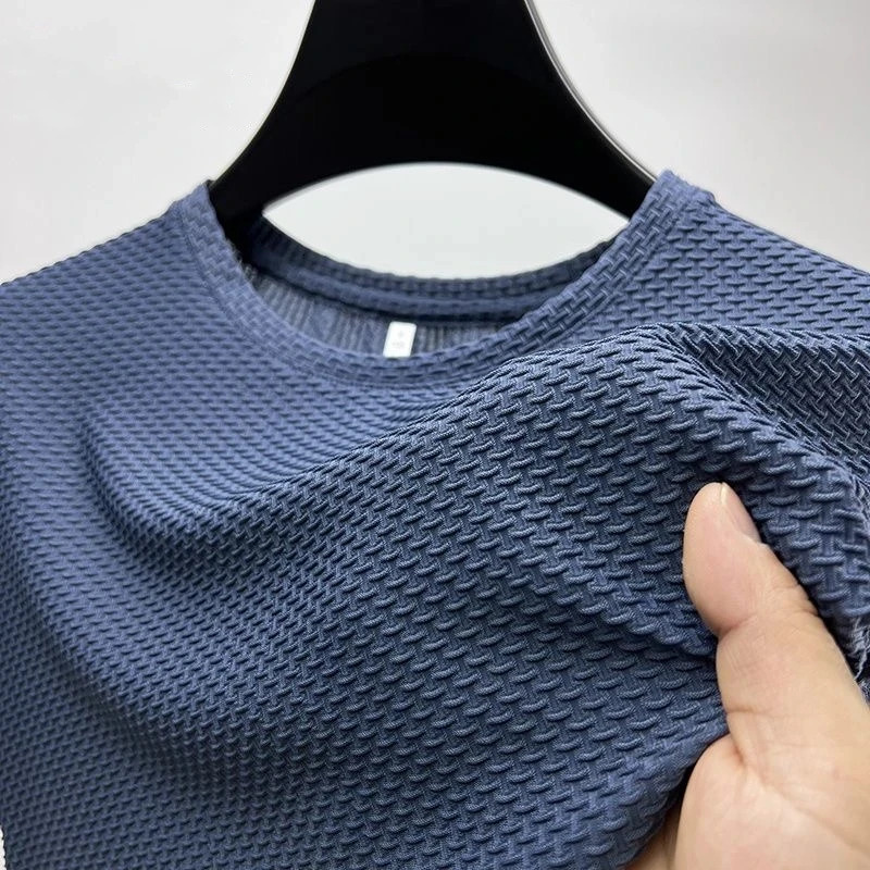 Summer Quality Mens Tshirt Grid Ice Breathable Short Sleeve Pure Color Traceless Korean Casual Sport Quick Drying 240518