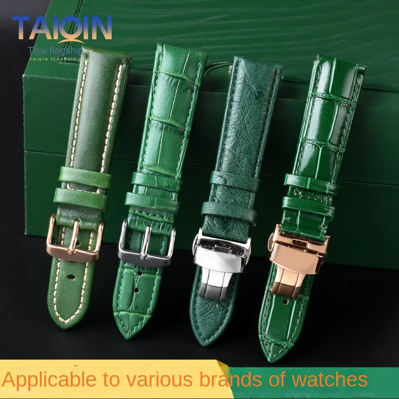 18mm 20mm 22mm High Quality Bamboo Pattern soft cowhide Strap Men Butterfly Buckle Ostrich leather Green Watchband Bracelet