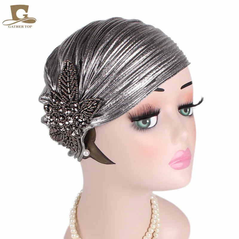 New Women luxury Metallic Shinny Ruffle Turban Head Wrap With Beaded Flower Lady Chemo Bandanas Hijab hair Accessories
