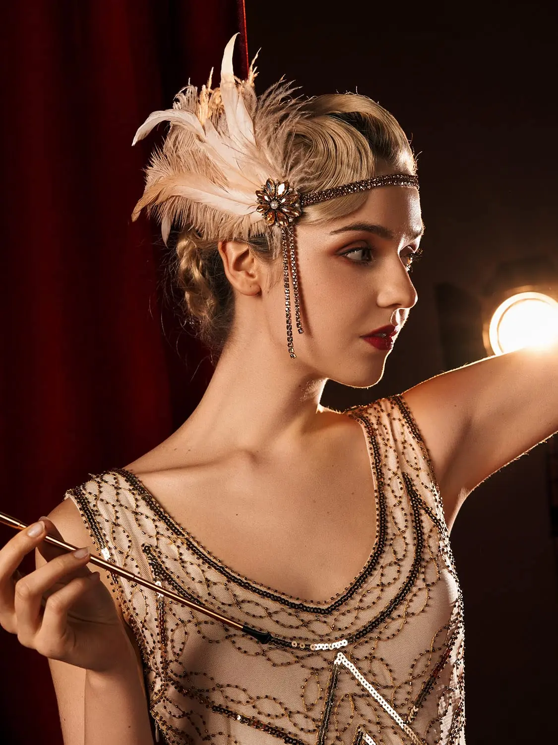 1920s Headpiece Flapper Headband, Rhinestone Pearl Feather Hair Band Great Gatsby Headpiece Accessoreis for Women