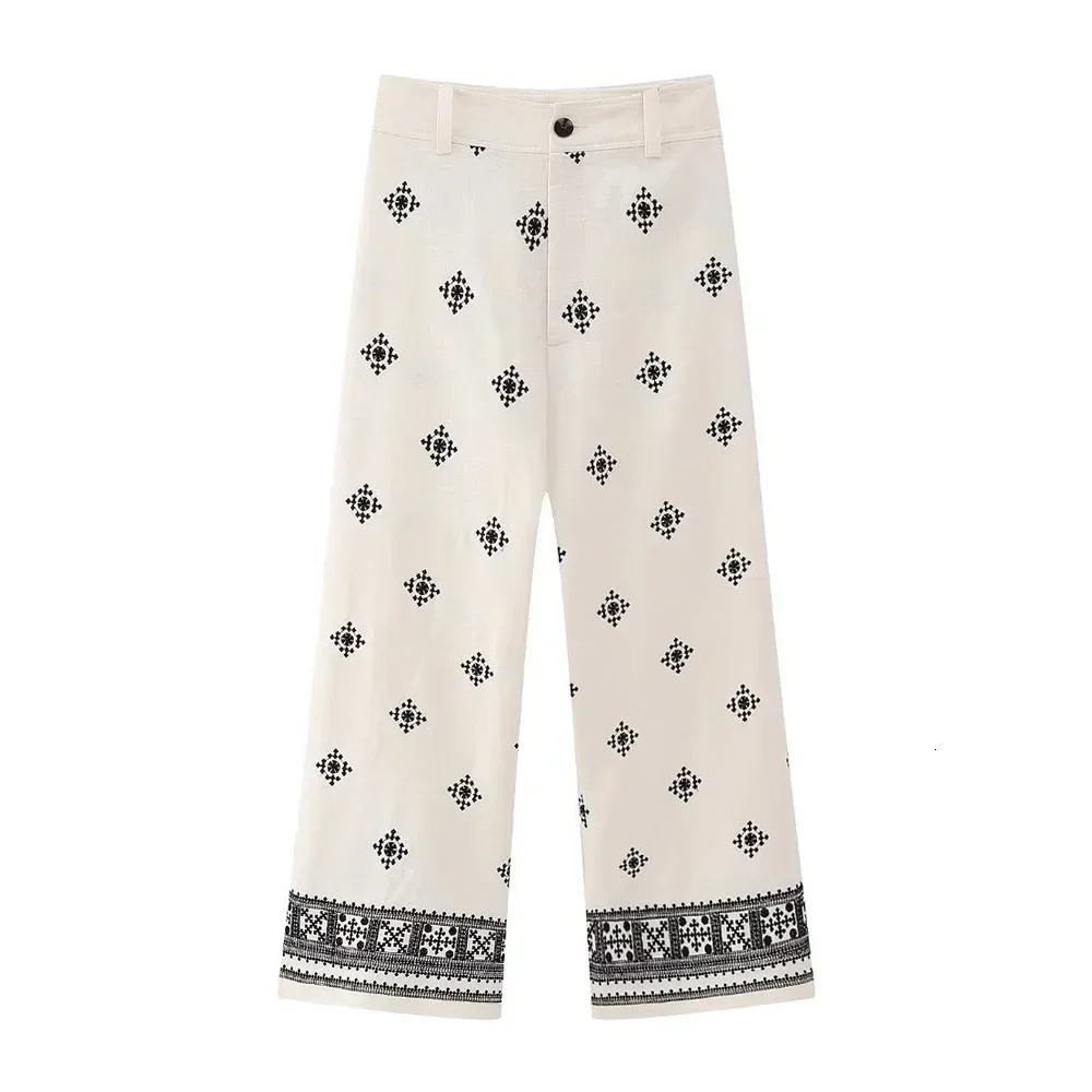 Embroidery Linen Straight Pants Women Vintage High Waist Wide Leg Zipper Fly Female Ankle Trousers Mujer Casual 240513