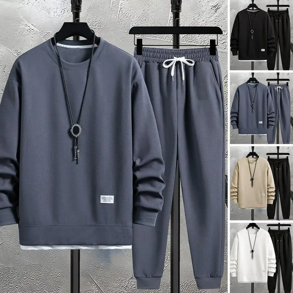 Fake Two Pieces Sweatshirt Sport Pants Set Men's Tracksuit with Waffle Texture O-neck Sweatshirt Elastic Waist Sport for Spring