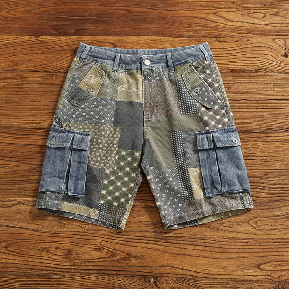 Stylish cargo denim shorts mens loose summer do old wash casual midlength pants five quarter 240516