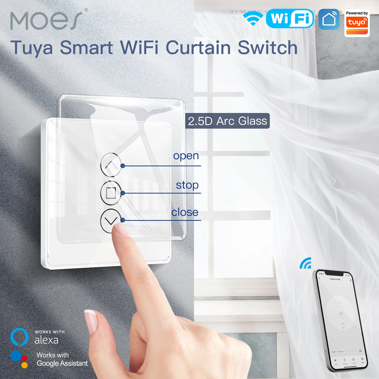 MOES WiFi RF433 2.5D Arc Glass Touch Curtain Switch for Roller Blinds Shutters Smart Life/Tuya APP Works Alexa Google Home