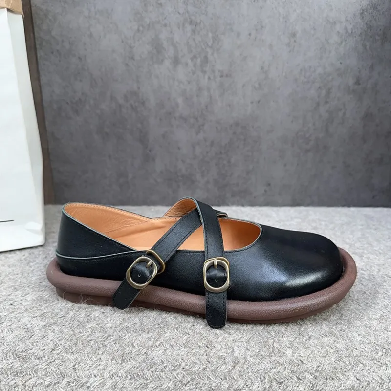 Johnature 2023 New Genuine Leather Round Toe Women Flats Shoes Handmade Solid Color Soft Sole Comfortable Casual Shoes