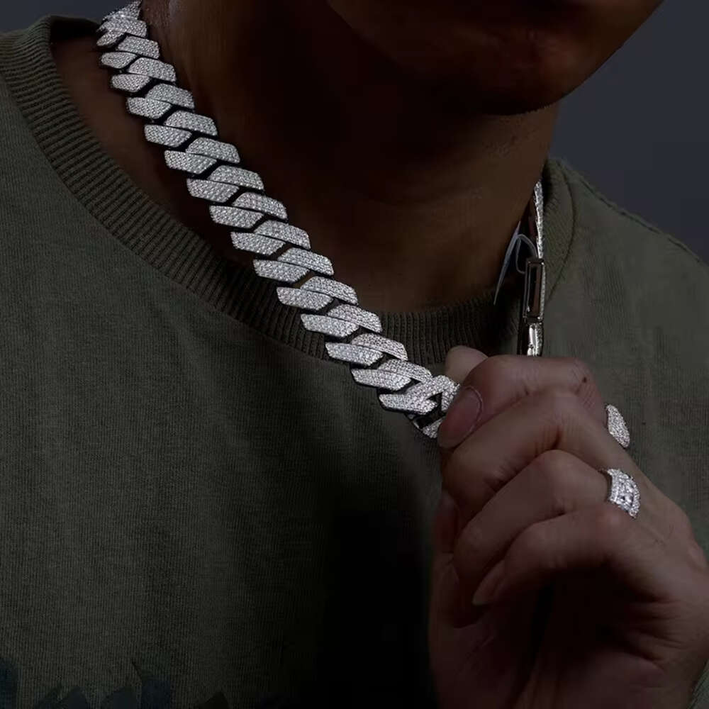 fashion cuban link chain necklace designer for men 3 row bling moissanite dia 20MM wide choker iced out chains necklaces prong gold plate rock hip hop