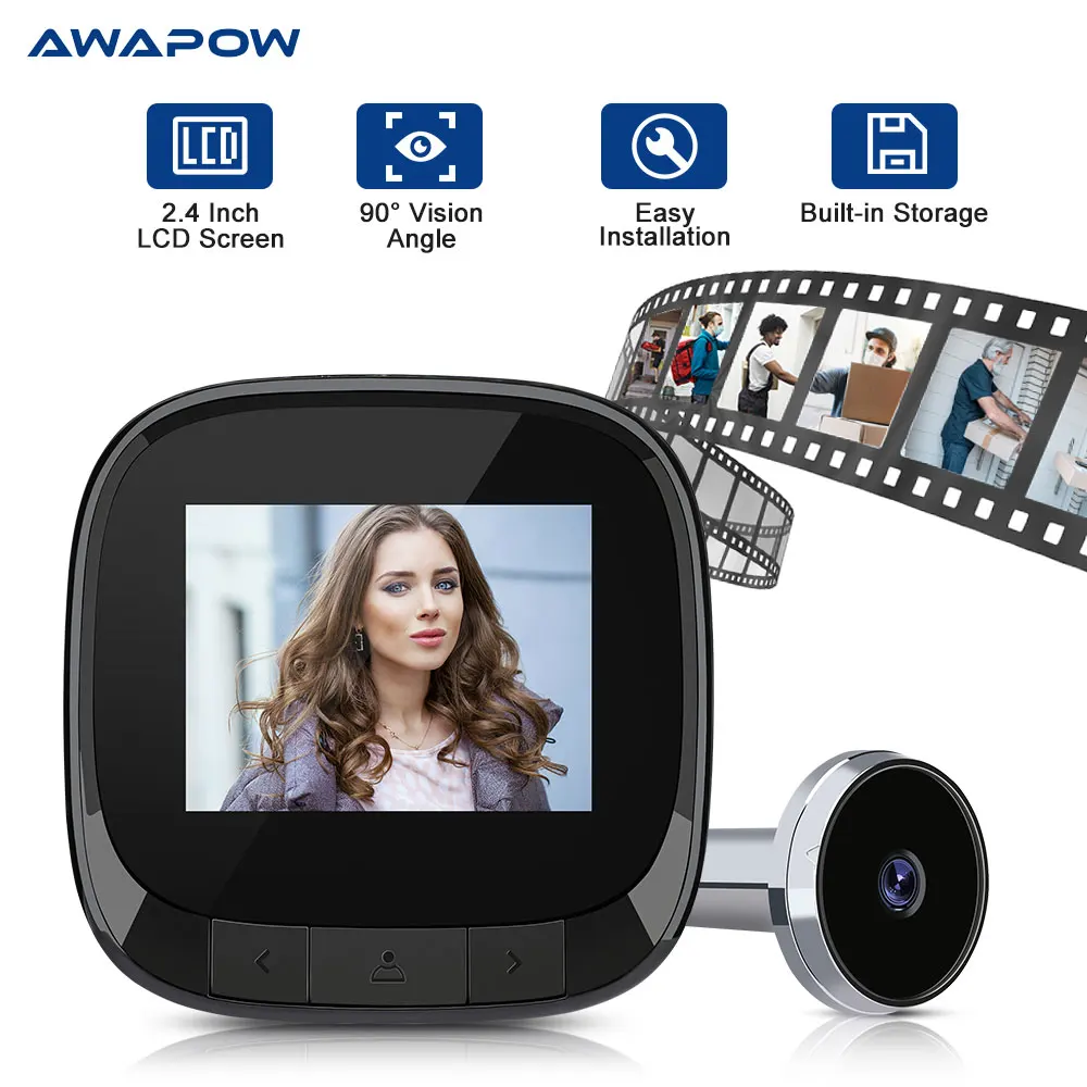Awapow 2.4Inch Door Bell Eye Peephole Camera 90° LCD Digital Doorbell Rechargeable Built-in Storage Cat Eye Door Peephole Viewer