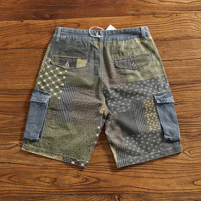 Stylish cargo denim shorts mens loose summer do old wash casual midlength pants five quarter 240516