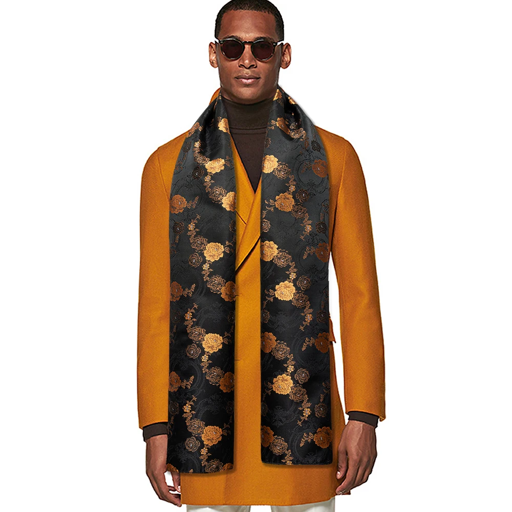 Fashion Silk Scarf For Men Black Gold Floral Spring Autumn Jacquard Accessories 160*50cm Business Party Barry.Wang Male Gift