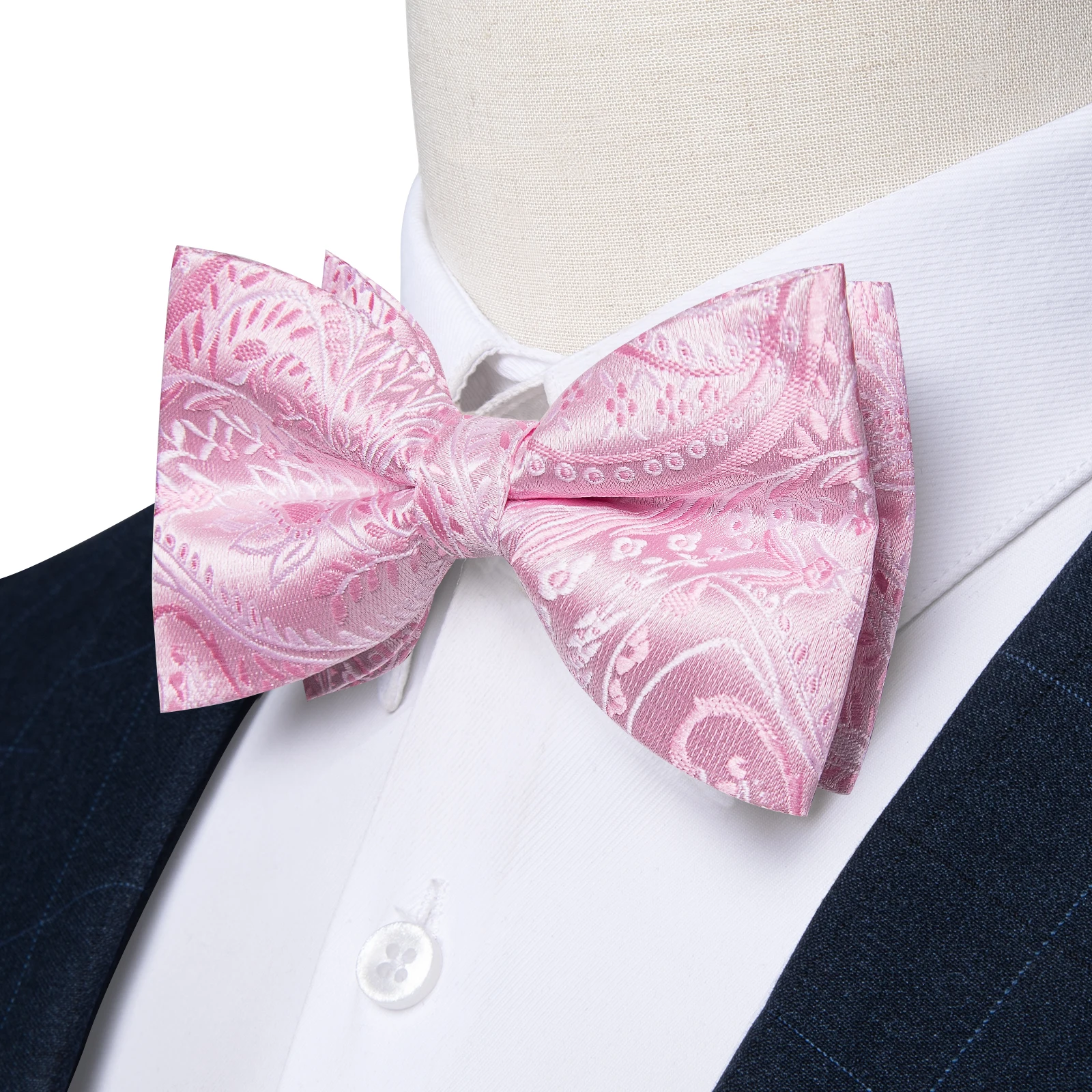 Adjustable Men s Bowties Paisley Bow Tie Pocket Square Cufflinks Sets Jacquard Pink Pre tied Butterfly Knot for Wedding Business 5