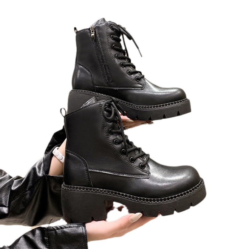 Women's Platform Boots 2023 Round Toe Lace Up Chunky Heeled Women Shoes Leather Winter Side Zipper Ankle Boots Platform Shoes