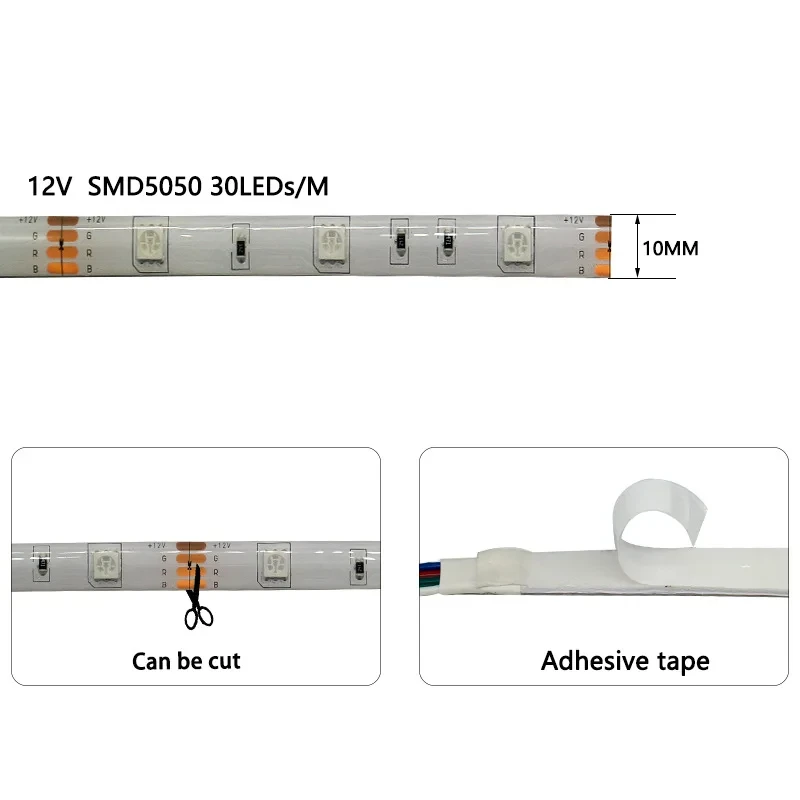 RGB LED Light Strip 5M 12V SMD5050 Waterproof Flexible LED Lamp Tape Diode For Living Room Bedroom Party Bar Decoration