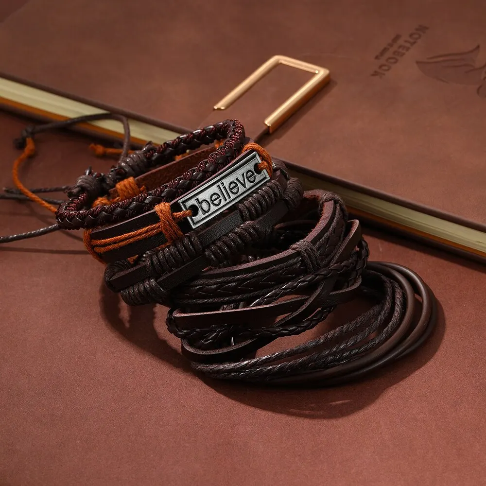 6PCS Vintage Multiple Layers Leather Bracelet Set For Men Handmade Braided Charm Bracelet