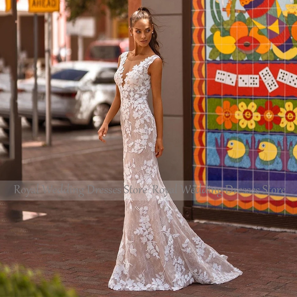 Elegant Lace Wedding Dresses for Women 2024 Bride Backless V Neck Mermaid Wedding Gowns Nude Ivory Applique Trumpet Bridal Dress