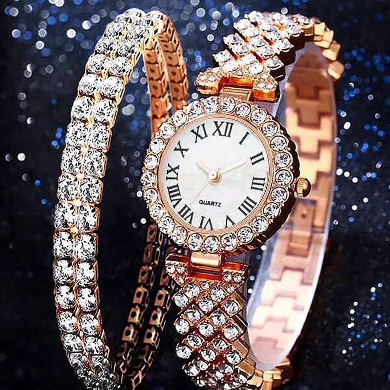 3pcs/set Watches Jewelry Set Round Pointer Quartz Watch & 2pcs Bracelet Fancy Women Watches Jewelry Sophisticated And Stylish