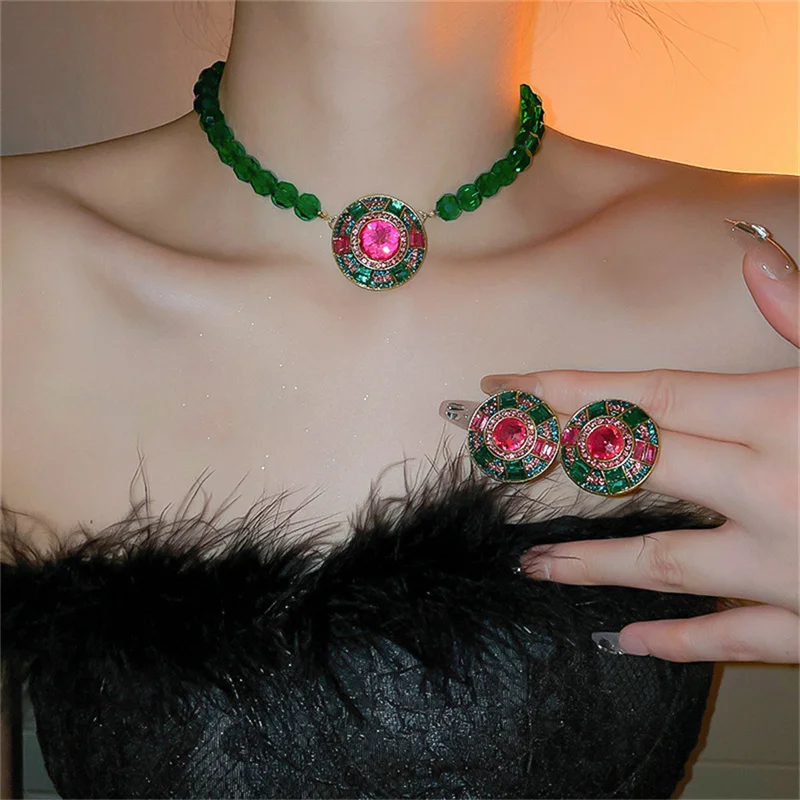 Luxury Green Crystal Necklace Earrings For Women Geometric Colourful Earrings Weddings Banquet Jewelry Sets