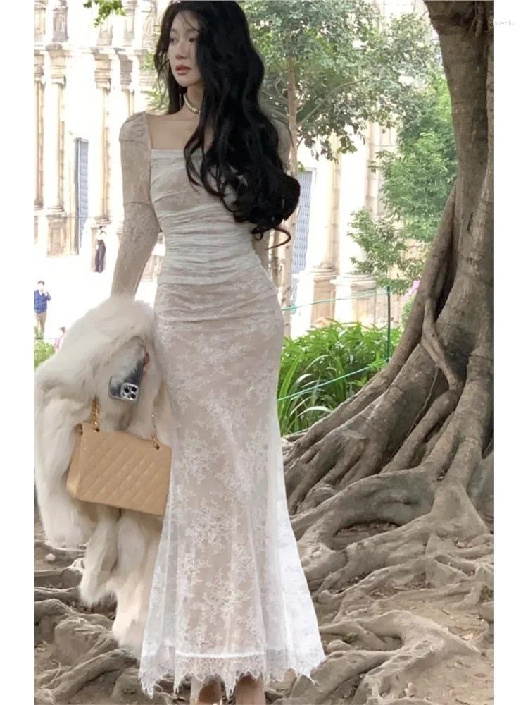 Elegant Long Sleeve Bodycon Dress: Women's Lace Square Collar Up Mermaid Style Midi Dress for Autumn Winter Evening Party C260312