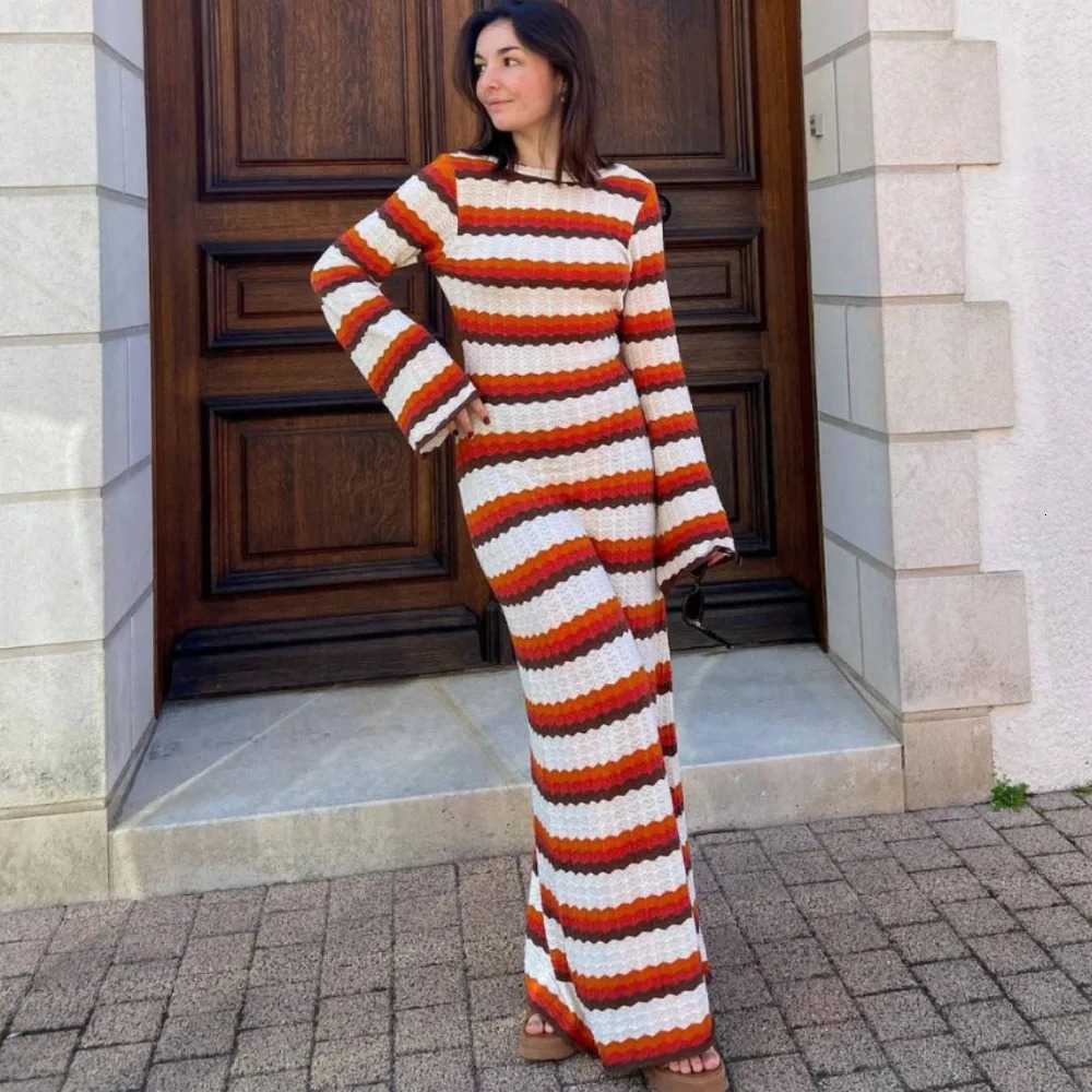 Y2k Striped Contrast Color Beach Vacation Sexy Long Dres Cotton Knitted Backless Flared Sleeve Maxi Dresses Vestidos 240523