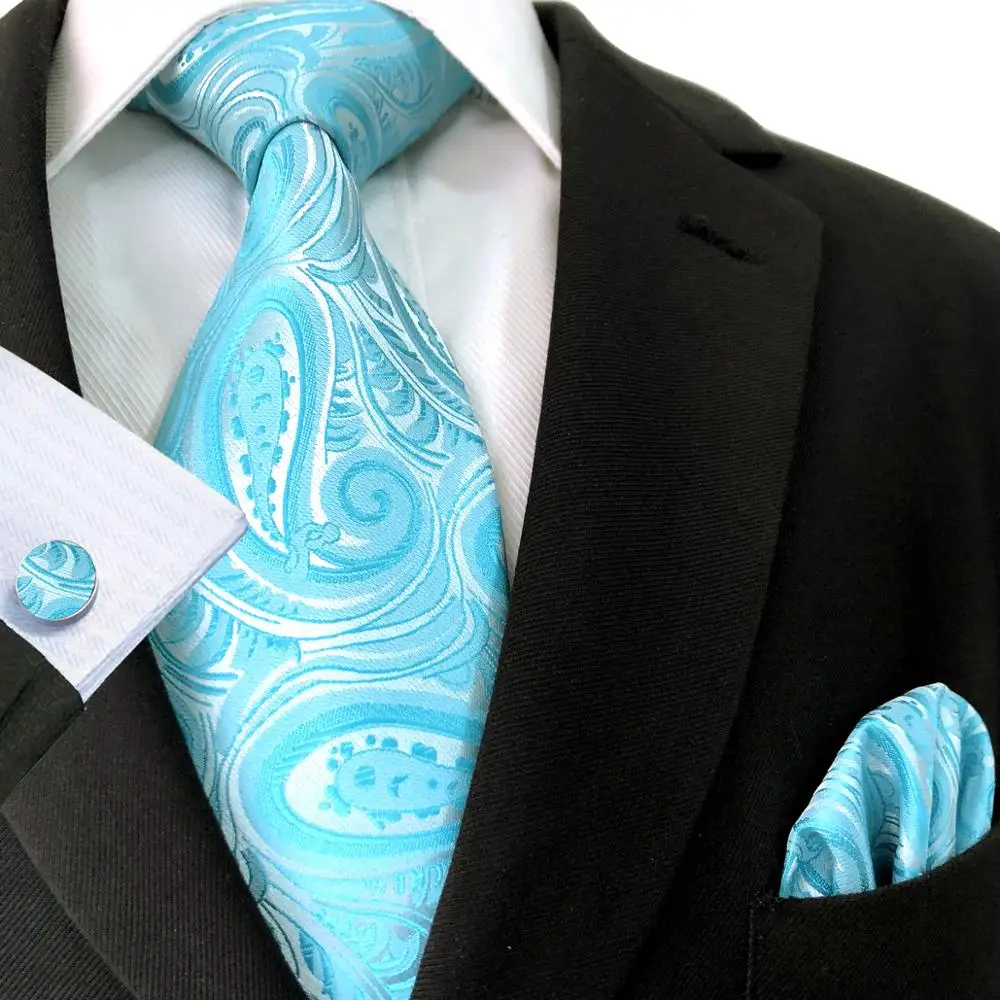 Paisley Blue Multicolor Mens Necktie Set Wedding with Classic Pocket Square Party Cufflinks Silk Fashion
