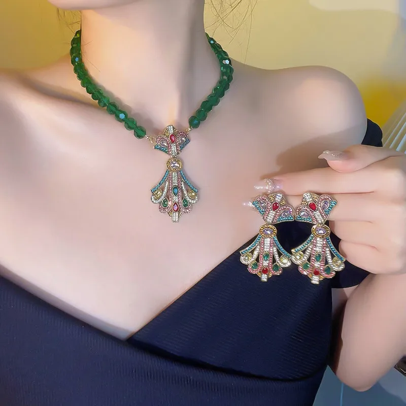 Vintage Baroque Style Green Beads Necklace For Women Geometric Colourful Crystal Earrings Banquet Jewelry Sets