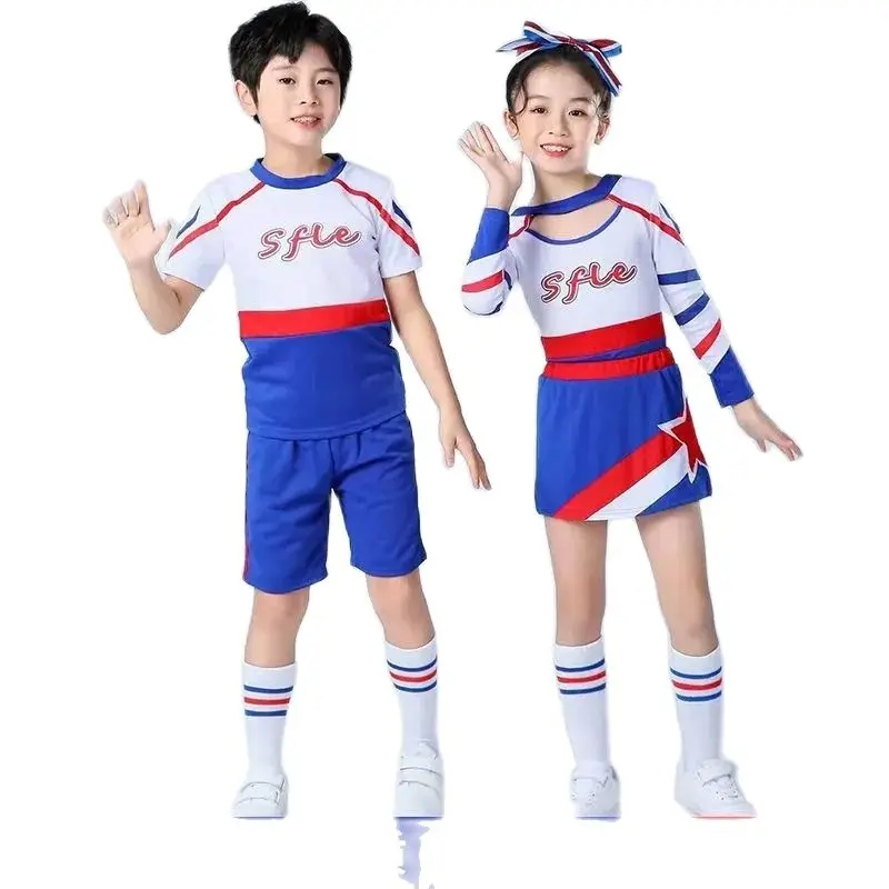 Long Sleeves Blue Girl Cheerleading Costume Uniform Kids Women Cheerleader Dance Outfit Round Neckline Patchwork Style Pompoms