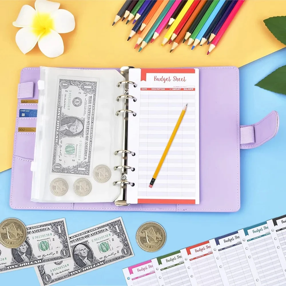 A6 Binder Budget PU Leather Planner Pockets Expense Budget Sheets Notebook A6 Cash Envelope Organizer System with Clear Zipper