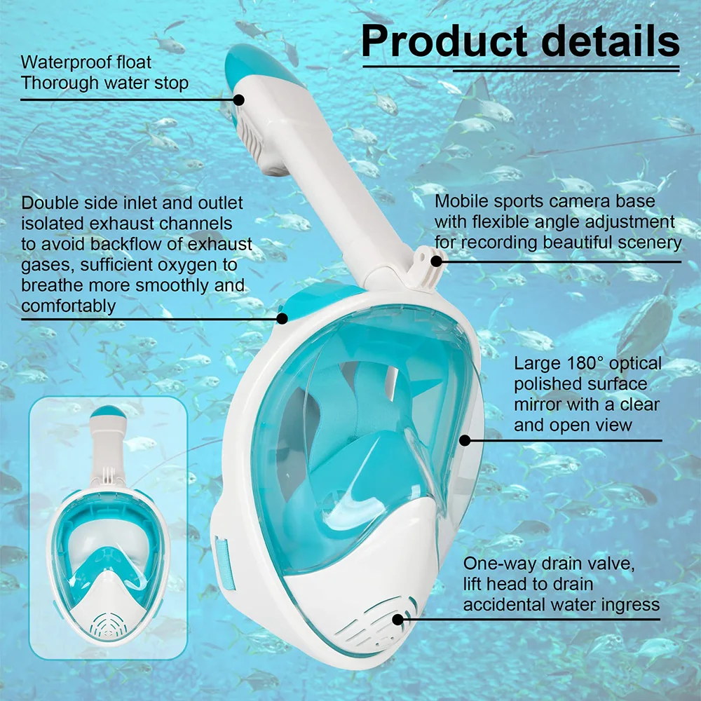 Full Face Snorkel Mask Snorkeling with Camera Mount Degree Panoramic View Anti Fog Leak Set for Adult Kids 5