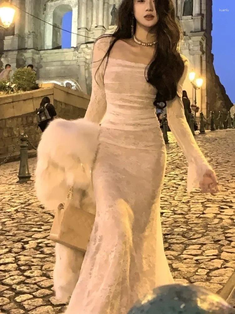 Elegant Long Sleeve Bodycon Dress: Women's Lace Square Collar Up Mermaid Style Midi Dress for Autumn Winter Evening Party C260312