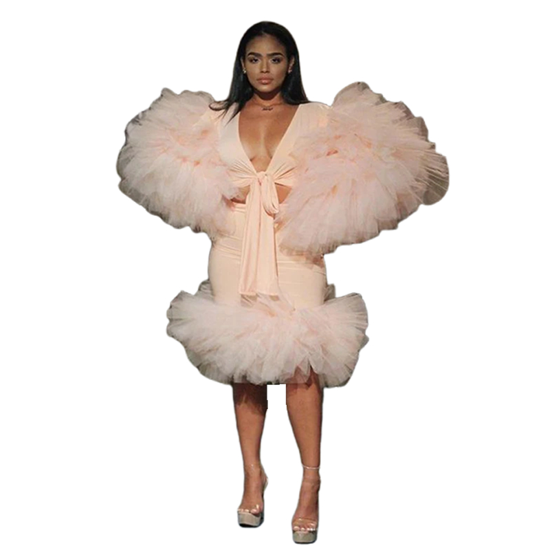 Sexy Two Pieces Bluh Pink Prom Dresses Ruffles Long Sleeves Top And Mermaid Skirt Tea Length Short Cocktail Party Dress Birthday Special Occasion Gown