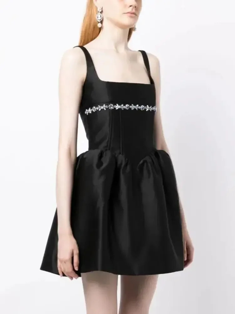 Womens Black Sexy Square Neck Sleeveless Diamond Aline Low cut Mini Dress Elegant Celebrity Party 240515