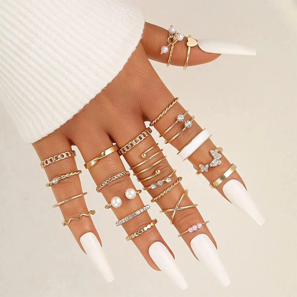 Vintage Gold Color Butterfly Rings Set for Women Girls Geometric Knuckle Joint Stacked Finger Matching Ring DIY Party Jewelry
