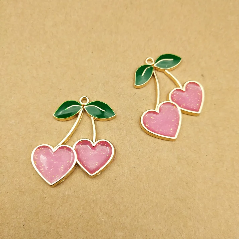 10pcs Heart Cherry Charm for Jewelry Making Enamel Earring Pendant Bracelet Necklace Accessories Diy Craft Supplies Gold Plated
