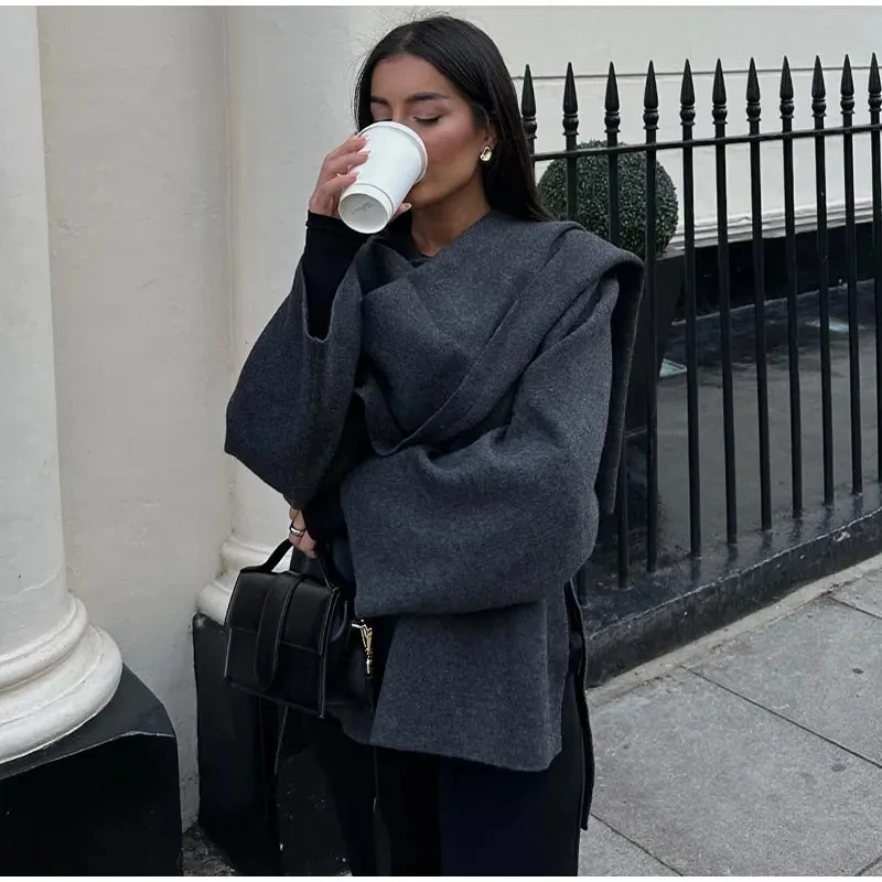 Scarf Neck Woolen Jacket Women Elegant Long Sleeve Gray Female Coat 2023 Autumn Street Single Breasted Loose Lady Outerwear