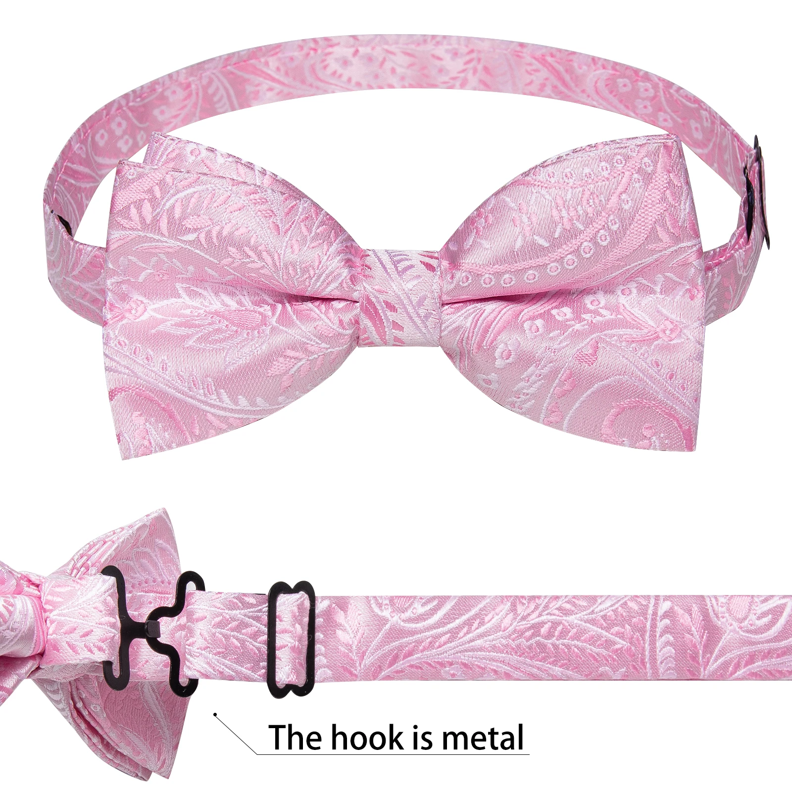 Adjustable Men s Bowties Paisley Bow Tie Pocket Square Cufflinks Sets Jacquard Pink Pre tied Butterfly Knot for Wedding Business 5
