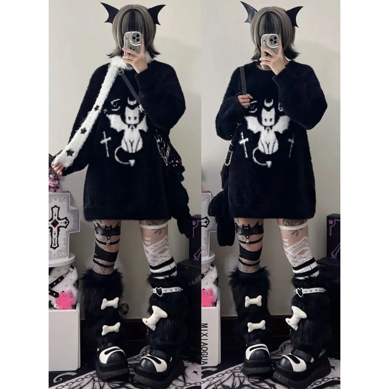 Devil Black Crewneck Sweater Cat Winter 2023 Y2k Clothes Sweater Women New Loose Knit Top Outfit Korean Casual Jumpers