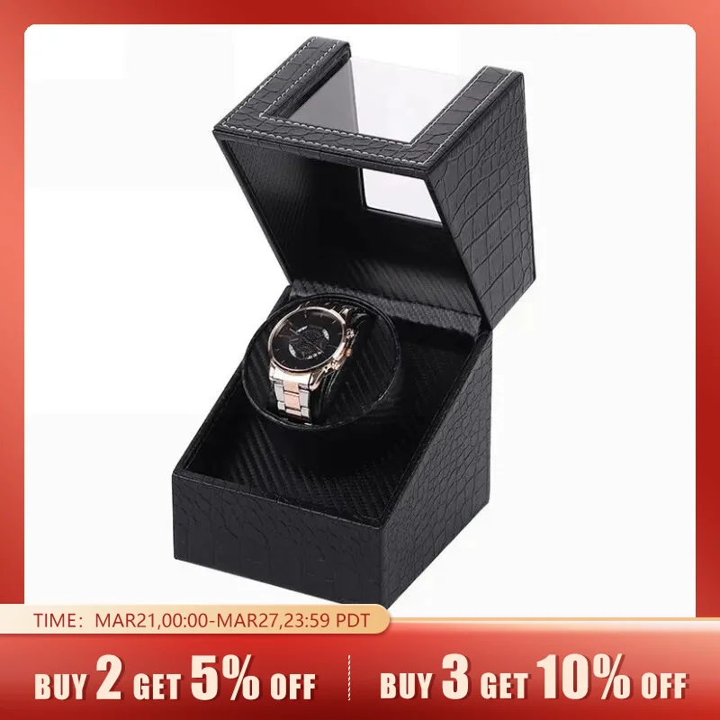 Automatic Single Watch Winder in Black Crocodile Pattern Leather with Japanese Quiet Motor AC Adapter Or Battery Powere
