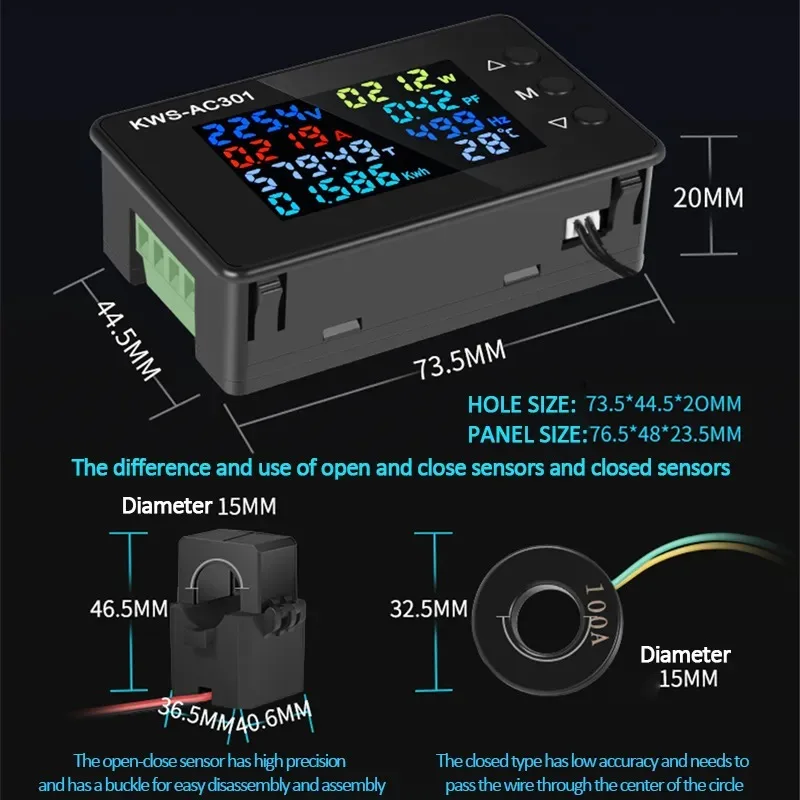 New KWS-AC301 Voltmeter Ammeter AC 50-300V Power Energy Meter 8 in1 LED Digital AC Wattmeter Electricity Meter 0-100A