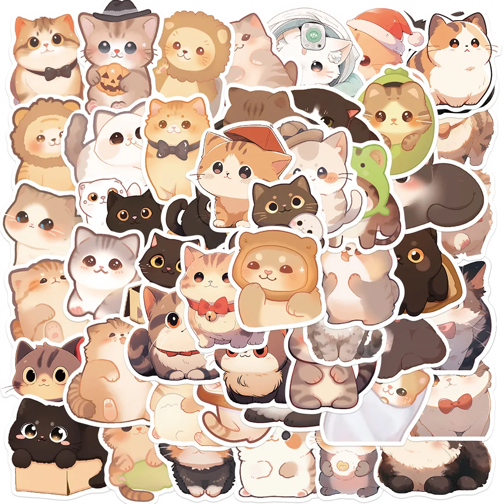 50pcs Kawaii Cat Kitty Stickers Cute Animal Decals Kids Toys Scrapbook Laptop Phone Stationary Guitar Suitcase Car Sticker