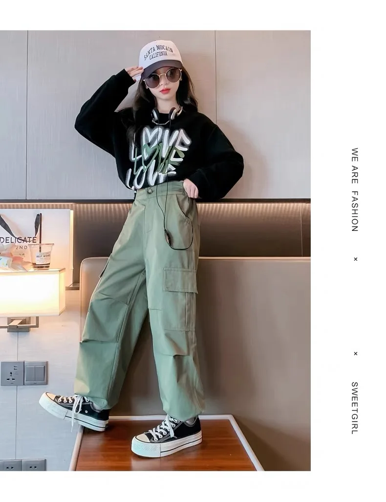 Teenage Girls Autumn Thin Sweatshirt Set Children's Letter Printed Tops Work Pants 2 Sets Spring Casual Clothes 3-15Y